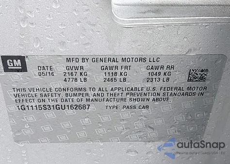 2016 Chevrolet Impala 2Lt z USA, uszkodzony, nr VIN 1G1115S31GU162687